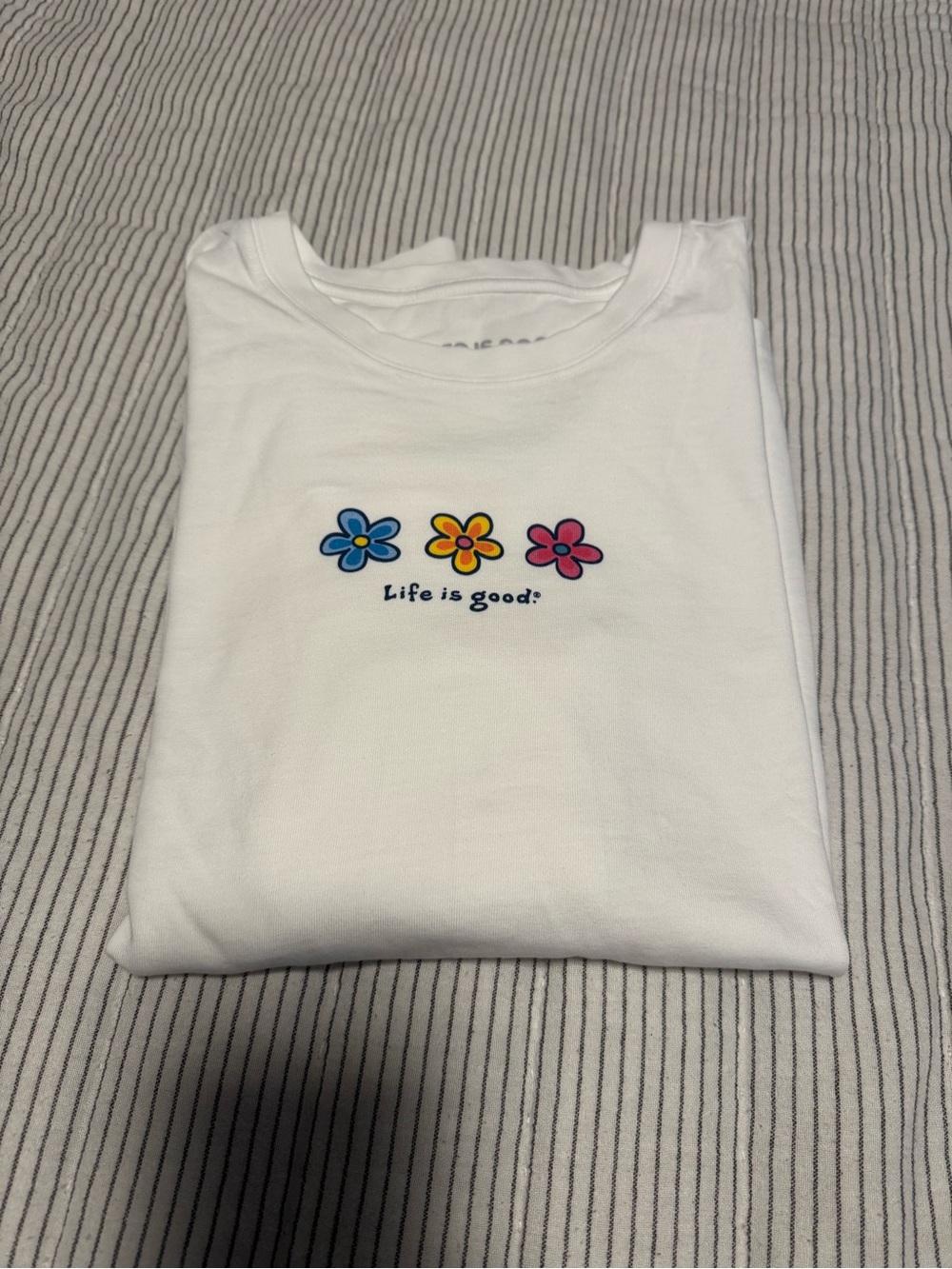 Life Is Good White Long-Sleeve Tee with Blue, Yellow & Pink Flower Trio